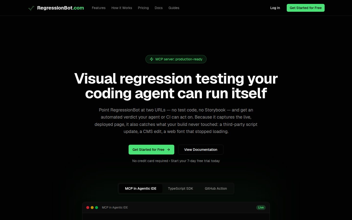 The RegressionBot homepage, showing its visual regression testing product for AI agents and CI pipelines.