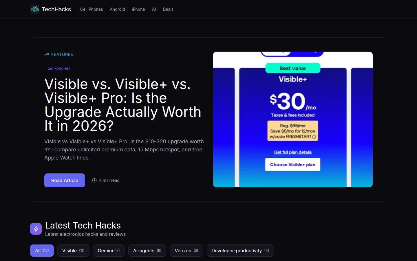 The TechHacks homepage, showing a featured cell-phone plan comparison article.